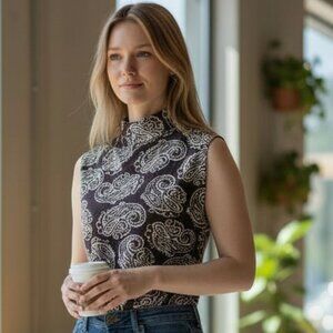 Vintage St John Paisley Santana Knit Mock Neck  Brown Gold Sleeveless Top Small